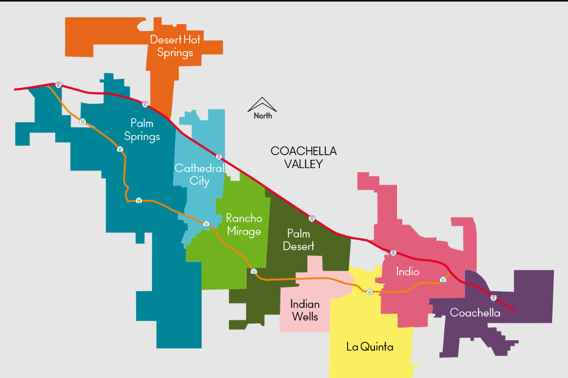 Reference map showing nine Coachella Valley cities and principal highway corridors